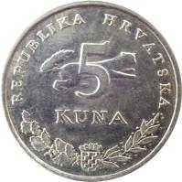 Croatia coin 5 Kuna - Croatian text (1993 - 2015) reverse reverse of 5 Kuna - Croatian text (1993 - 2015) coin with KM# 11 from Croatia. Inscription: REPUBLIKA HRVATSKA 5 KUNA