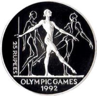 reverse of 25 Rupees - Gymnastics (1993) coin with KM# 70 from Seychelles. Inscription: 25 RUPEES OLYMPIC GAMES 1992
