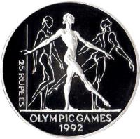 Seychelles coin 25 Rupees - Gymnastics (1993) reverse reverse of 25 Rupees - Gymnastics (1993) coin with KM# 70 from Seychelles. Inscription: 25 RUPEES OLYMPIC GAMES 1992
