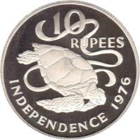 Seychelles coin 10 Rupees - Independence - Silver Proof Issue (1976) reverse reverse of 10 Rupees - Independence - Silver Proof Issue (1976) coin with KM# 28a from Seychelles. Inscription: 10 RUPEES INDEPENDENCE 1976