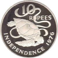 reverse of 10 Rupees - Independence - Silver Proof Issue (1976) coin with KM# 28a from Seychelles. Inscription: 10 RUPEES INDEPENDENCE 1976