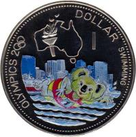 reverse of 1 Dollar - Elizabeth II - Swimming (2000) coin with KM# 65 from Solomon Islands. Inscription: OLYMPICS 2000 1 DOLLAR SWIMMING