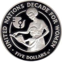 Solomon Islands coin 5 Dollars - Elizabeth II - Decade for Women (1985) reverse reverse of 5 Dollars - Elizabeth II - Decade for Women (1985) coin with KM# 22 from Solomon Islands. Inscription: UNITED NATIONS DECADE FOR WOMEN FIVE DOLLARS