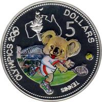 Solomon Islands coin 5 Dollars - Elizabeth II - Tennis (2000) reverse reverse of 5 Dollars - Elizabeth II - Tennis (2000) coin with KM# 67 from Solomon Islands. Inscription: OLYMPICS 2000 5 DOLLARS TENNIS