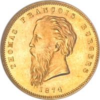 obverse of 1 Pond (1874) coin with KM# 1 from South Africa. Inscription: THOMAS FRANÇOIS BURGERS 1874