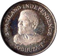 obverse of 5 Cents - Sobhuza II - Independence (1968) coin with KM# 1 from Swaziland. Inscription: SWAZILAND INDEPENDECE SOBHUZA II T.S.