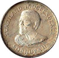 obverse of 20 Cents - Sobhuza II - Independence (1968) coin with KM# 3 from Swaziland. Inscription: SWAZILAND INDEPENDECE SOBHUZA II T.S.