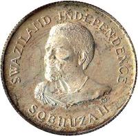 Swaziland coin 20 Cents - Sobhuza II - Independence (1968) obverse obverse of 20 Cents - Sobhuza II - Independence (1968) coin with KM# 3 from Swaziland. Inscription: SWAZILAND INDEPENDECE SOBHUZA II T.S.