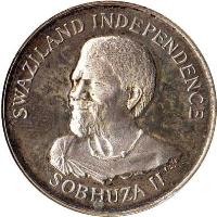 obverse of 50 Cents - Sobhuza II - Independence (1968) coin with KM# 4 from Swaziland. Inscription: SWAZILAND INDEPENDECE SOBHUZA II T.S.