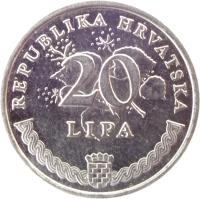 reverse of 20 Lipa - Croatian text (1993 - 2015) coin with KM# 7 from Croatia. Inscription: REPUBLIKA HRVATSKA 20 LIPA