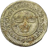 Sweden coin 4 Öre - Carl XI (1667 - 1675) reverse reverse of 4 Öre - Carl XI (1667 - 1675) coin with KM# 257 from Sweden. Inscription: FYRA ORE SOLFWER MYNT