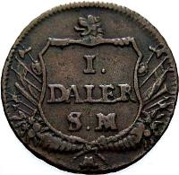 reverse of 1 Daler Silvermynt - Carl XII - WETT OCH WAPEN (1717) coin with KM# 355 from Sweden. Inscription: 1 DALER S.M