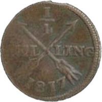 reverse of 1/4 Skilling - Carl XIII (1817) coin with KM# 592 from Sweden. Inscription: 1 - 4 SKIL LING 1817