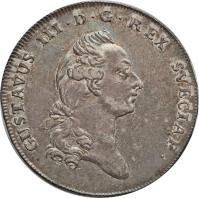 obverse of 2/3 Riksdaler - Gustaf III (1778 - 1780) coin with KM# 526 from Sweden. Inscription: GUSTAVUS III · D · G · REX SVEGIAE