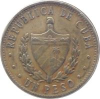 Cuba coin 1 Peso (1983 - 1989) obverse obverse of 1 Peso (1983 - 1989) coin with KM# 105 from Cuba. Inscription: REPUBLICA DE CUBA UN PESO