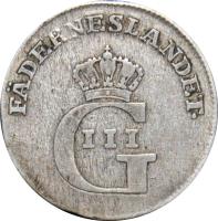 obverse of 1/12 Riksdaler - Gustav III (1778 - 1779) coin with KM# 523 from Sweden. Inscription: FADERNESLANDET · GIII