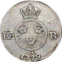 reverse of 1/12 Riksdaler - Gustav III (1778 - 1779) coin with KM# 523 from Sweden. Inscription: 1/12 · R · O · L 1779