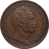 obverse of 2 Skilling Banco - Oscar I - Large head (1844 - 1845) coin with KM# 660 from Sweden. Inscription: OSCAR SVERIGES NORR.GOTH.O.VEND.KONUNG.