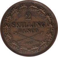 reverse of 2 Skilling Banco - Oscar I - Large head (1844 - 1845) coin with KM# 660 from Sweden. Inscription: 2 SKILLING BANCO