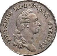 Sweden coin 1/6 Riksdaler - Gustav III (1778 - 1790) obverse obverse of 1/6 Riksdaler - Gustav III (1778 - 1790) coin with KM# 524 from Sweden.