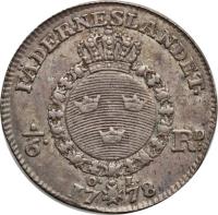 Sweden coin 1/6 Riksdaler - Gustav III (1778 - 1790) reverse reverse of 1/6 Riksdaler - Gustav III (1778 - 1790) coin with KM# 524 from Sweden.