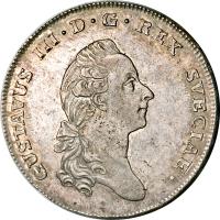 obverse of 1 Riksdaler / 3 Daler Silvermarke - Gustaf III (1775 - 1777) coin with KM# 514 from Sweden. Inscription: GUSTAVUS III · D · G · REX SVECIAE ·