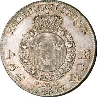 reverse of 1 Riksdaler / 3 Daler Silvermarke - Gustaf III (1775 - 1777) coin with KM# 514 from Sweden. Inscription: FÄDERNESLANDET · 1 · 		RD 3 · 		D · S · 		M · O · L · 17 77