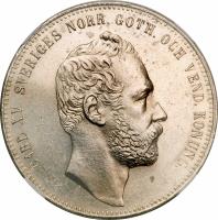 obverse of 4 Riksdaler Riksmynt - Carl XV (1861 - 1870) coin with KM# 711 from Sweden. Inscription: CARL XV SVERIGES NORR. GÖTH. OCH VEND. KONUNG. L. A.