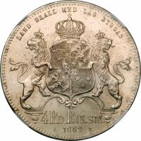 reverse of 4 Riksdaler Riksmynt - Carl XV (1861 - 1870) coin with KM# 711 from Sweden. Inscription: LAND SKALL MED LAG BYGGAS 4 RD. RIKSM. S. 1864 T.