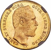 obverse of 1 Carolin / 10 Francs - Carl XV Adolf (1868 - 1872) coin with KM# 716 from Sweden. Inscription: CARL XV SVERIGES NORR. GÖTH. O. VEND. KONUNG. L.A.