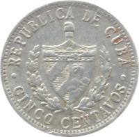 Cuba coin 5 Centavos (1963 - 2014) obverse obverse of 5 Centavos (1963 - 2014) coin with KM# 34 from Cuba. Inscription: REPUBLICA DE CUBA · CINCO CENTAVOS ·