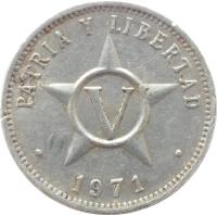 Cuba coin 5 Centavos (1963 - 2014) reverse reverse of 5 Centavos (1963 - 2014) coin with KM# 34 from Cuba. Inscription: PATRIA Y LIBERTAD · 1971 ·