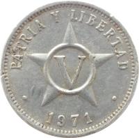 reverse of 5 Centavos (1963 - 2014) coin with KM# 34 from Cuba. Inscription: PATRIA Y LIBERTAD · 1971 ·