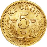reverse of 5 Kronor - Oscar II (1881 - 1899) coin with KM# 756 from Sweden. Inscription: KRONOR 5 EB