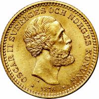obverse of 10 Kronor - Oscar II (1876 - 1895) coin with KM# 743 from Sweden. Inscription: OSCAR II SVERIGES OCH NORGES KONUNG LA * 1876 *