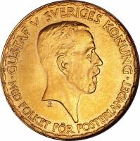 obverse of 20 Kronor - Gustav V (1925) coin with KM# 800 from Sweden. Inscription: · GUSTAV V SVERIGES KONUNG · MED FOLKET FÖR FOSTERLANDET