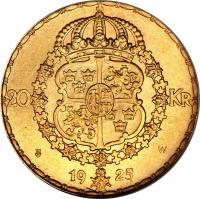 reverse of 20 Kronor - Gustav V (1925) coin with KM# 800 from Sweden. Inscription: 20 KR · W 19 25