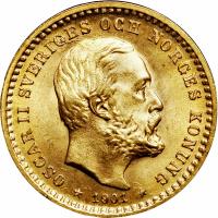 obverse of 5 Kronor - Oscar II (1901) coin with KM# 766 from Sweden. Inscription: OSCAR II SVERIGES OCH NORGES KONUNG LA * 1901 *