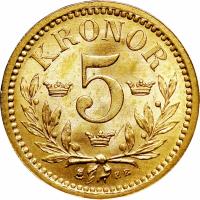Sweden coin 5 Kronor - Oscar II (1901) reverse reverse of 5 Kronor - Oscar II (1901) coin with KM# 766 from Sweden. Inscription: KRONOR 5 EB