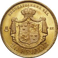 Sweden coin 20 Kronor - Oscar II (1873 - 1876) reverse reverse of 20 Kronor - Oscar II (1873 - 1876) coin with KM# 733 from Sweden. Inscription: BRÖDRAFOLKENS VÄL S.T. 20 KRONOR
