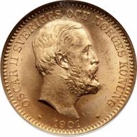 obverse of 20 Kronor - Oscar II (1900 - 1902) coin with KM# 765 from Sweden. Inscription: OSCAR II SVERIGES OCH NORGES KONUNG * 1901 *