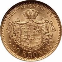 Sweden coin 20 Kronor - Oscar II (1900 - 1902) reverse reverse of 20 Kronor - Oscar II (1900 - 1902) coin with KM# 765 from Sweden. Inscription: BRÖDRAFOLKENS VÄL E.B. 20 KRONOR