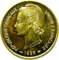 Togo coin 25 Francs - Essai FDC (1956) obverse obverse of 25 Francs - Essai FDC (1956) coin with KM# E8 from Togo.