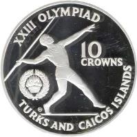 Turks and Caicos Islands coin 10 Crowns - Elizabeth II - Javelin (1984) reverse reverse of 10 Crowns - Elizabeth II - Javelin (1984) coin with KM# 58 from Turks and Caicos Islands. Inscription: XXIII OLYMPIAD 10 CROWNS CHI TURKS AND CAICOS ISLANDS