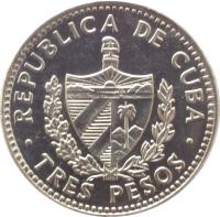 obverse of 3 Pesos - Che Guevara (1992 - 2002) coin with KM# 346a from Cuba. Inscription: REPUBLICA DE CUBA TRES PESOS