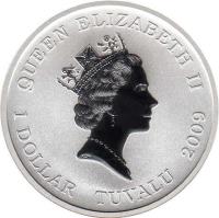 obverse of 1 Dollar - Elizabeth II - Nikolai Gogol (2009) coin with KM# 102 from Tuvalu. Inscription: QUEEN ELIZABETH II 1 DOLLAR TUVALU 2009 RDM