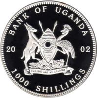 obverse of 1000 Shillings - Gorilla (2002 - 2003) coin with KM# 103 from Uganda. Inscription: BANK OF UGANDA 20 02 1000 SHILLINGS