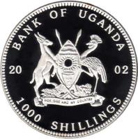 Uganda coin 1000 Shillings - Gorilla (2002 - 2003) obverse obverse of 1000 Shillings - Gorilla (2002 - 2003) coin with KM# 103 from Uganda. Inscription: BANK OF UGANDA 20 02 1000 SHILLINGS