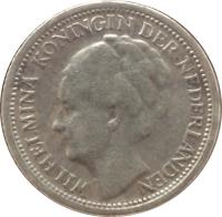obverse of 1/10 Gulden - Wilhelmina (1944 - 1947) coin with KM# 43 from Curaçao. Inscription: WILHELMINA KONINGIN DER NEDERLANDEN