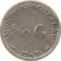 Curaçao coin 1/10 Gulden - Wilhelmina (1944 - 1947) reverse reverse of 1/10 Gulden - Wilhelmina (1944 - 1947) coin with KM# 43 from Curaçao. Inscription: MUNT VAN CURACAO 1/10 G 1944